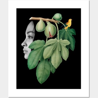 Surreal Collage Art with a girl, fig, bird and plants Posters and Art